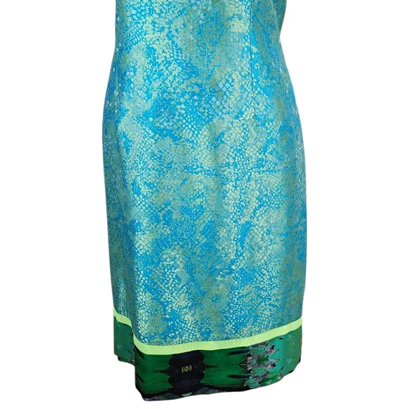 Elie Tahari Silk Blend Iridescent Teal and Green Sleeveless Sheath Dress Sz 10 - Picture 9 of 16